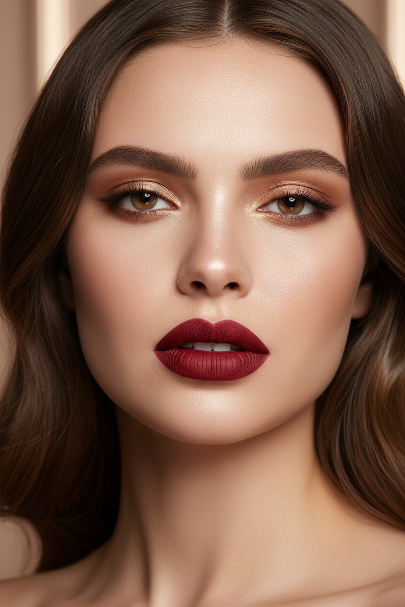 Model with Deep Red Velvet Matte Lipstick
